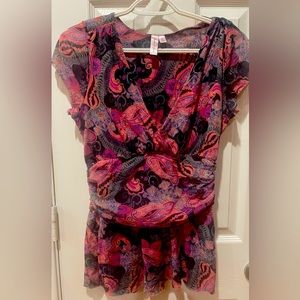 Sweet Peas Floral Paisley Mesh Ruched Faux Wrap Peplum Blouse Top XL